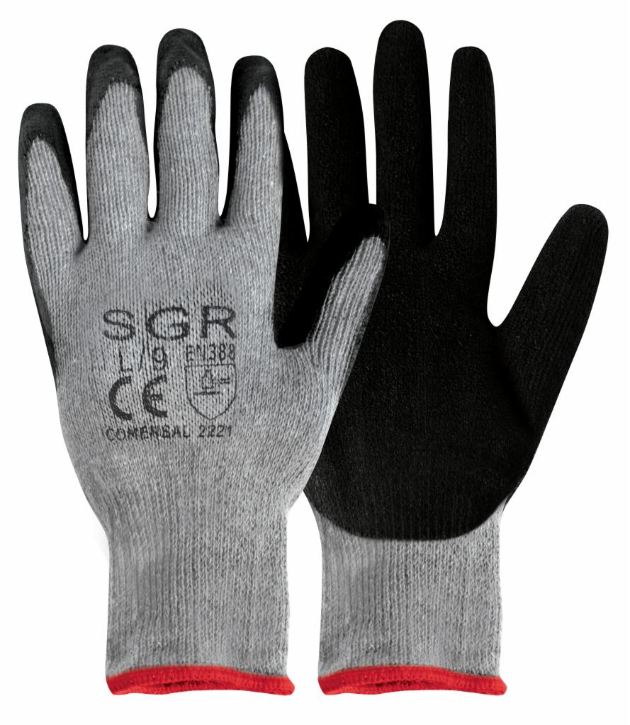 Para szarych rękawic roboczych z czarnym wykończeniem palców i dłoni, z czerwonym obszyciem mankietów, leżących na białym tle.