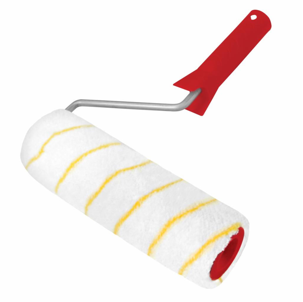 Wałek malarski z białym futerkiem i żółtymi paskami, czerwona rączka, widok z boku na białym tle.