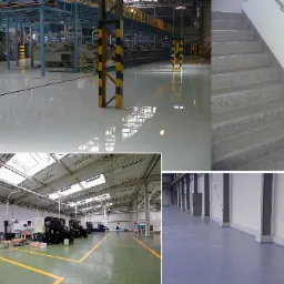 Przemysłowe hale z różnymi rodzajami wykończenia podłóg: polerowana szara posadzka w hali produkcyjnej z maszynami, schody z szarego lastryko, zielona posadzka z żółtymi liniami w hali z oknami...