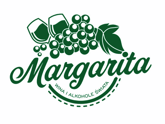 Grafika z logo 'Margarita Wina i Alkohole Świata', z motywem winogron, kieliszków i dekoracyjnym napisem, utrzymana w ciemnozielonej kolorystyce na białym tle.