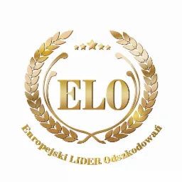 Złoty wieniec laurowy otacza napis 'ELO' i 'Europejski LIDER Odszkodowań' z pięcioma gwiazdami u góry. Grafika w odcieniach złota na białym tle.