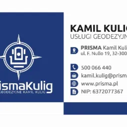Wizyt&oacute;wka firmy geodezyjnej PrismaKulig z logo w kolorze białym na granatowym tle, zawierająca dane kontaktowe: adres, telefon, email, strona internetowa i NIP.