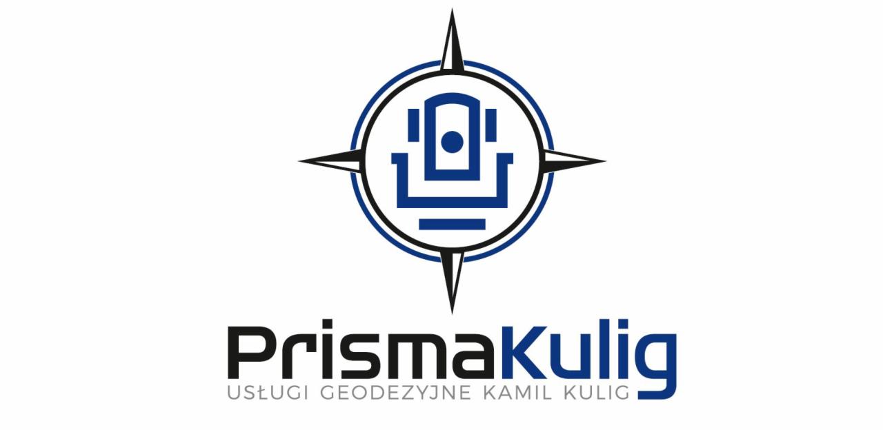 Logo firmy Prismakulig z symbolem teodolitu w okręgu z kompasem i napisem 'Usługi geodezyjne Kamil Kulig'
