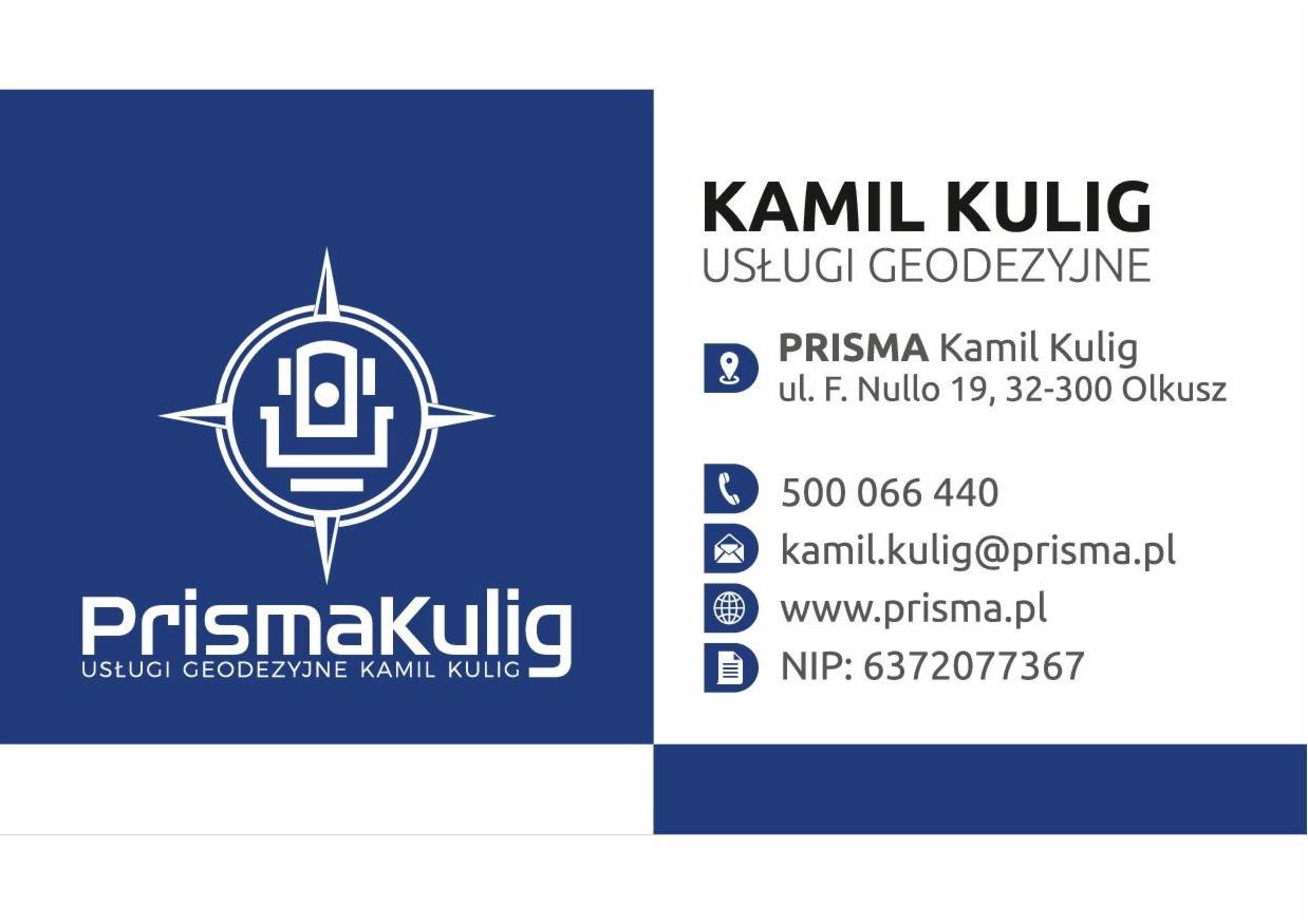Wizytówka firmy geodezyjnej PrismaKulig z logo w kolorze białym na granatowym tle, zawierająca dane kontaktowe: adres, telefon, email, strona internetowa i NIP.