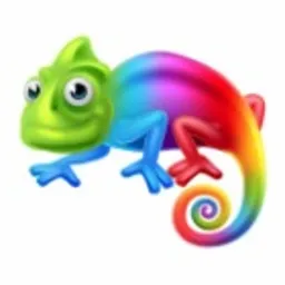 Kameleon z zieloną głową i tęczowym ciałem zwiniętym w spiralę, ilustracja graficzna na białym tle.