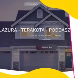 Strona internetowa firmy budowlanej Edalia, prezentująca ofertę glazury, terakoty i wykończenia poddaszy w Grodzisku Mazowieckim i okolicach, z elementami graficznymi w kolorze żółtym i różowym.