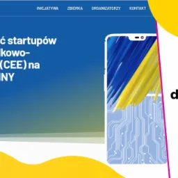 Strona internetowa Startupydlaukrainy.pl z hasłem 'Społeczność startupów Europy Środkowo-Wschodniej (CEE) na rzecz UKRAINY' i grafiką smartfona z flagą Ukrainy.