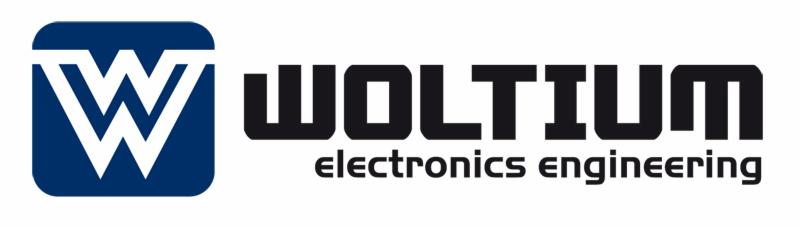 Logo firmy Woltium electronics engineering z niebieskim kwadratem z białą literą W po lewej stronie.