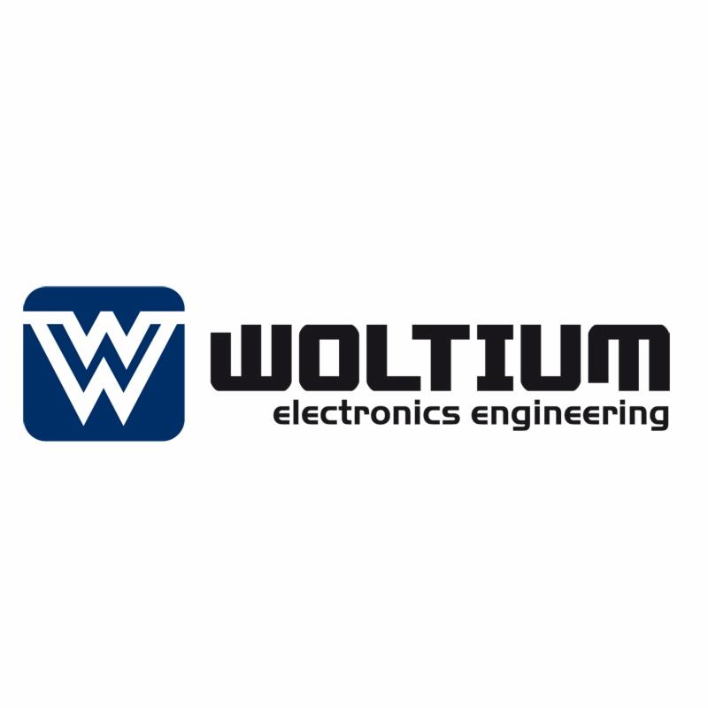 Logo firmy Woltium electronics engineering z symbolem W w niebieskim kwadracie.