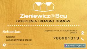Wizytówka firmy Zieniewicz@Bau oferującej ocieplenia i remonty domów. Złote tło, białe napisy, adres Zagańska 40/4, Kotuchów i numer telefonu 786981313.