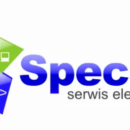 Logo firmy SpecLab serwis elektroniczny, z ikonami komputera, laptopa, drukarki i telefonu w niebiesko-zielonych kwadratach.