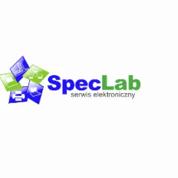 Logo firmy SpecLab serwis elektroniczny z ikonami komputera, drukarki, sieci i telefonu na białym tle.