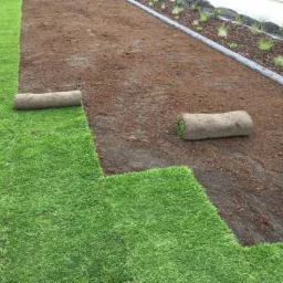 Fragment ogrodu z rozłożonymi rolkami trawy i świeżo ułożonymi fragmentami, widoczna granica z kostki i rabata z roślinami.