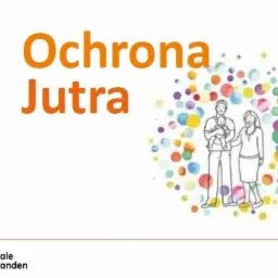 Ilustracja: rodzina (ojciec z dzieckiem na rękach i matka) na tle kolorowych kropek, obok pomarańczowy napis 'Ochrona Jutra' i logo Nationale Nederlanden.