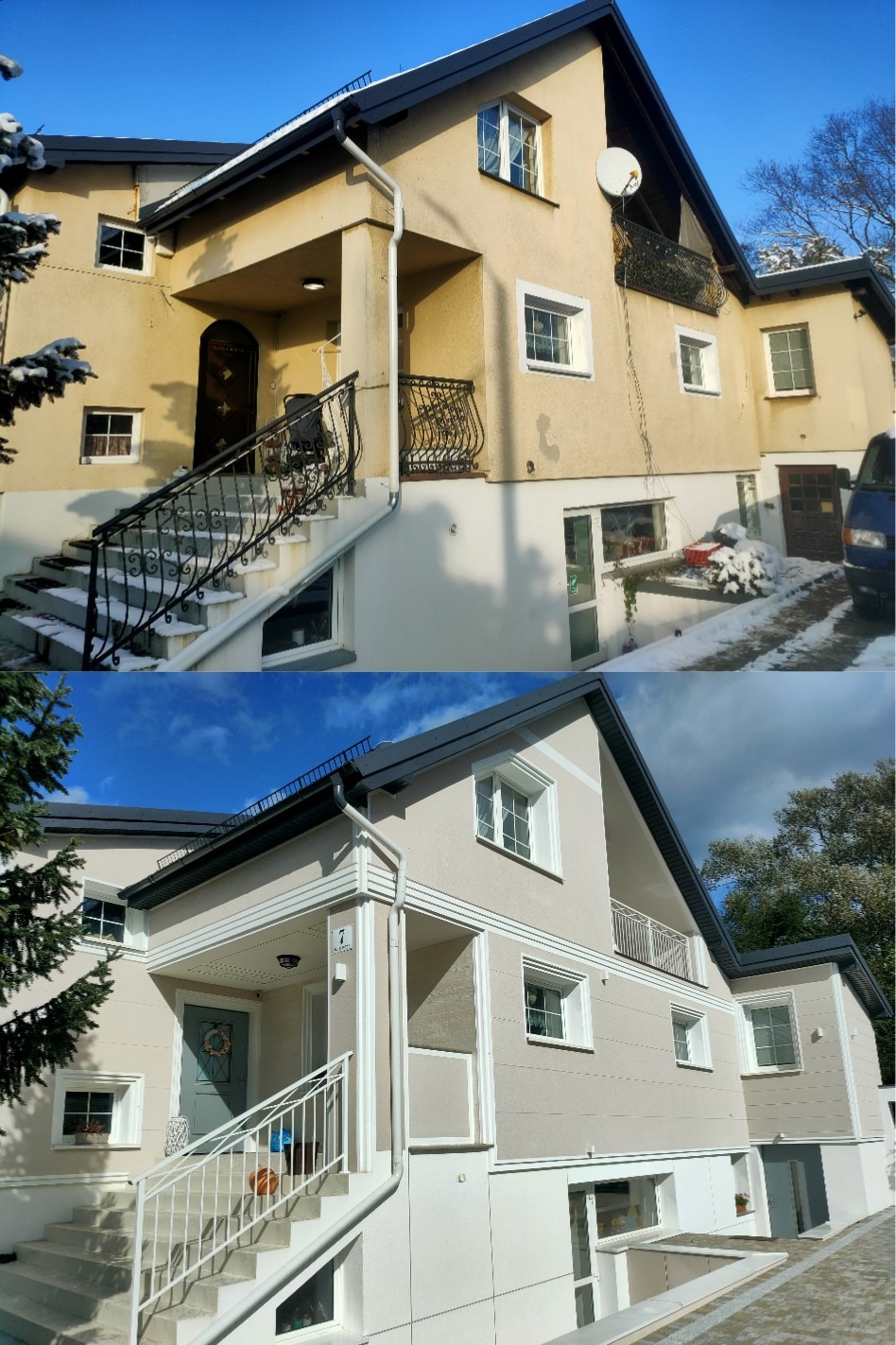 Porównanie elewacji domu przed i po renowacji: odcień żółty z ciemnymi elementami vs. beżowy z białymi detalami, widoczne zmiany w kolorystyce i wykończeniu schodów wejściowych.