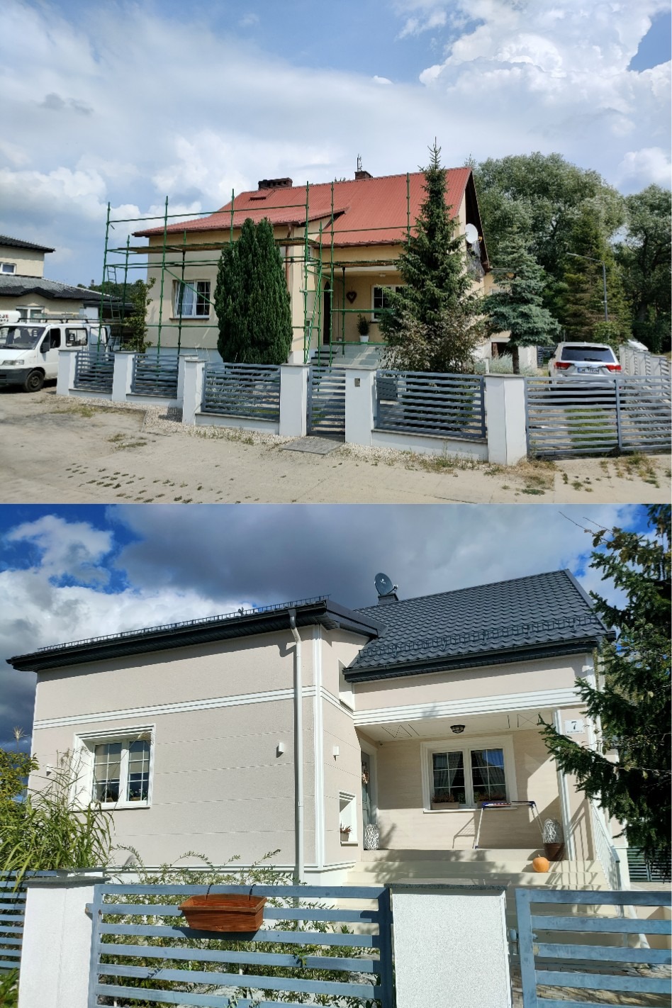 Porównanie elewacji domu przed i po remoncie: widoczne rusztowania w trakcie prac i odnowiona fasada w jasnych barwach z nowym dachem.