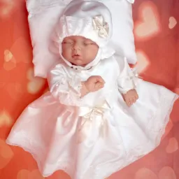 Śpiące niemowlę w białej, satynowej sukience i czepku z koronką, leżące na poduszce na tle w serduszka.