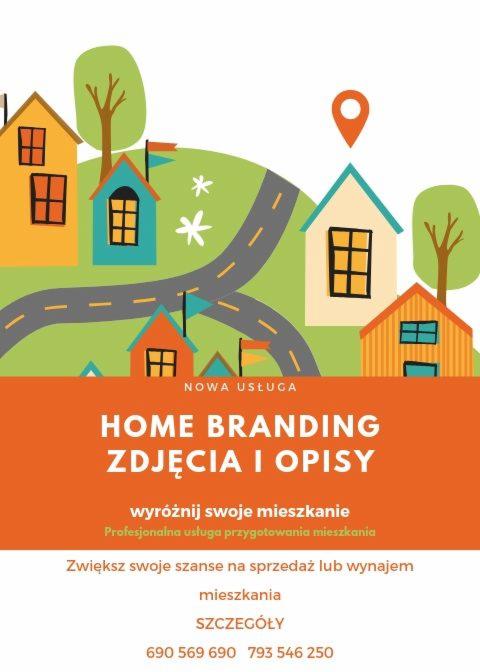 Grafika reklamowa usługi Home Branding: kolorowe domki, mapa z pinezką lokalizacji, tekst 'Home Branding Zdjęcia i opisy', hasło 'Wyróżnij swoje mieszkanie', numery telefonów.