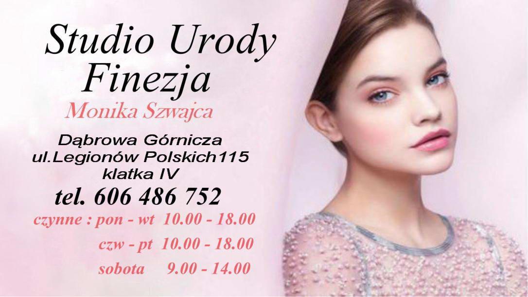 Portret kobiety z delikatnym makijażem na tle informacji o studiu urody Finezja, Dąbrowa Górnicza, z numerem telefonu i godzinami otwarcia.