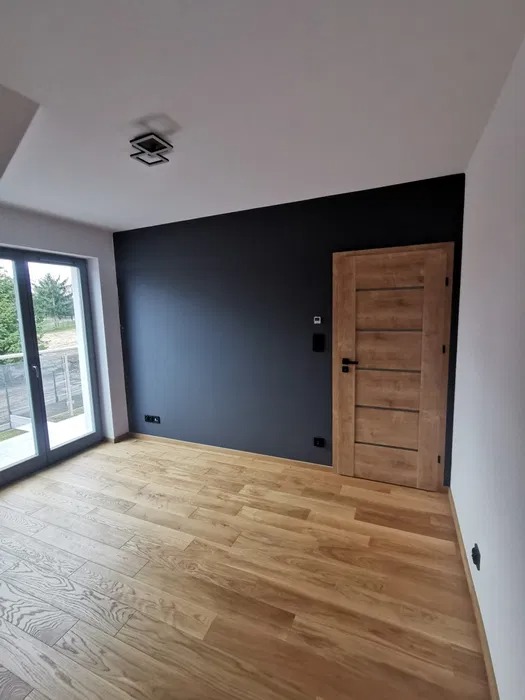 Pomalowane na czarno wnętrze pokoju z drewnianą podłogą i drzwiami o panelowej konstrukcji, widoczne gniazdka elektryczne i nowoczesna lampa sufitowa.