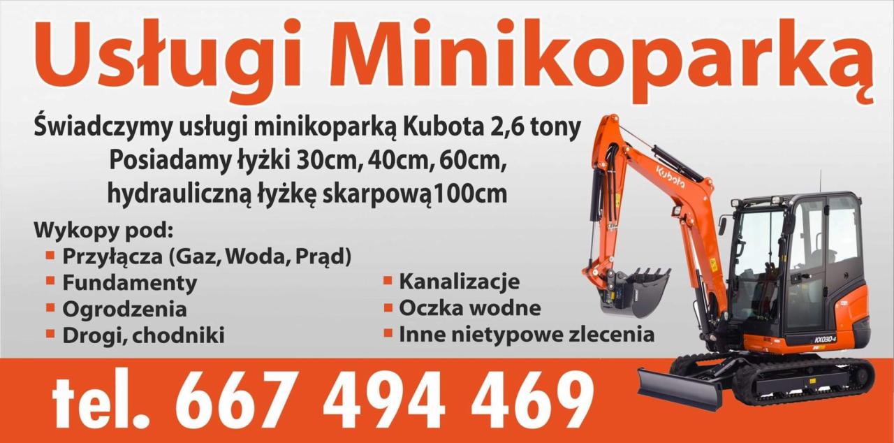Ogłoszenie usług minikoparką Kubota 2,6 tony z informacją o dostępnych łyżkach i numerem telefonu.