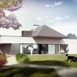 Wizualizacja nowoczesnego domu jednorodzinnego z płaskim dachem, dużymi przeszkleniami, tarasem i psem rasy Border Collie na trawniku.