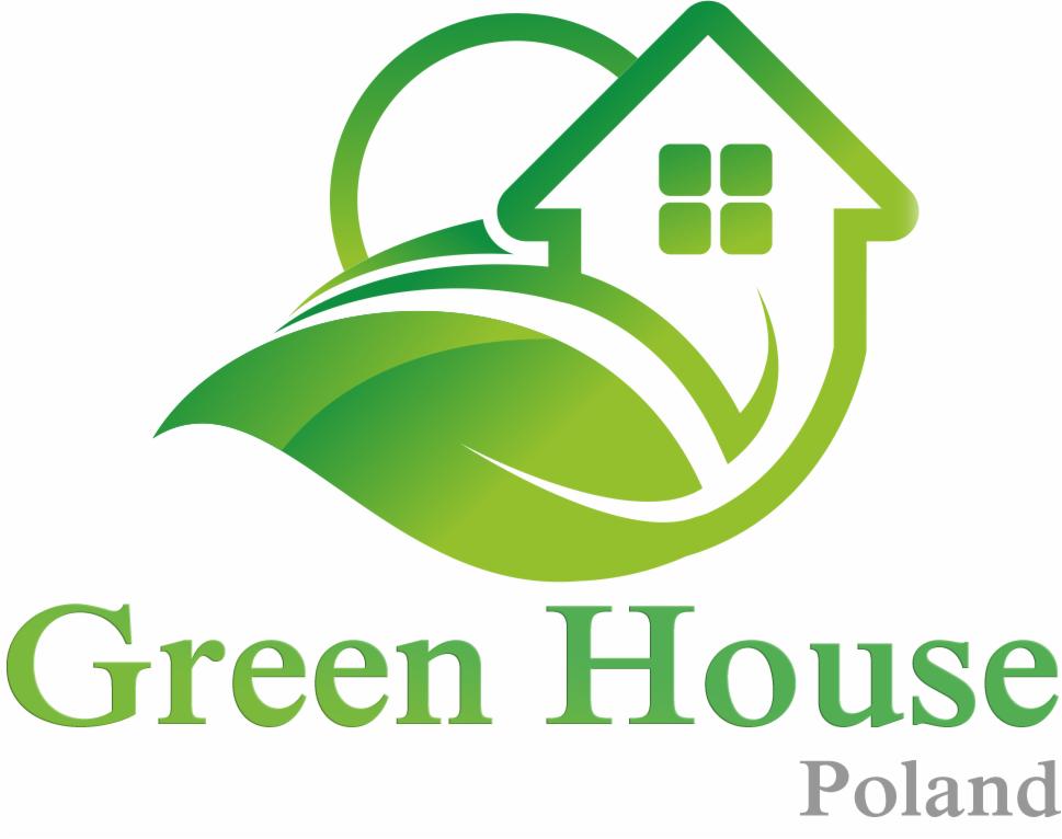 Logo firmy Green House Poland: stylizowany zielony liść z domem i okręgiem, nazwa firmy w zieleni, dopisek Poland w szarości.