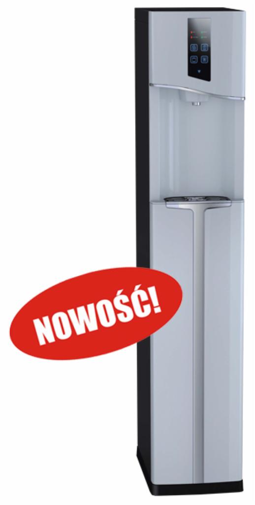 Nowoczesny dystrybutor wody w kolorze biało-czarnym, z panelem dotykowym, oznaczony czerwoną naklejką 'NOWOŚĆ!'