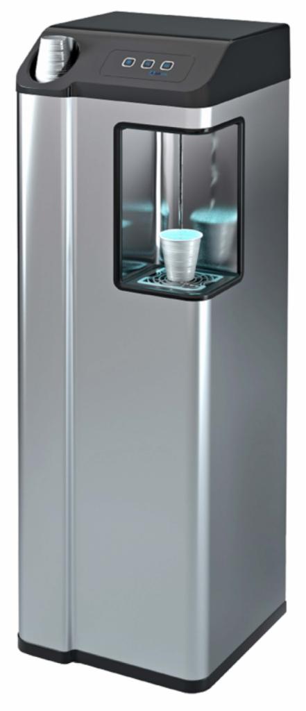 Srebrny dystrybutor wody z czarnym panelem sterowania i podświetleniem LED, w trakcie napełniania kubka.