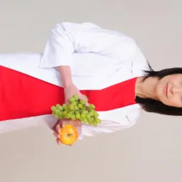 Uśmiechnięta kobieta w białym fartuchu trzyma jabłko i winogrona, prezentując zdrowe odżywianie. Czerwona sukienka dodaje kontrastu.