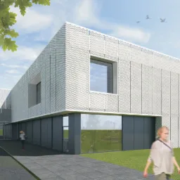 Wizualizacja budynku usługowego z elewacją pokrytą siatką metalową, z osobą wchodzącą do budynku i ptakami na niebie.