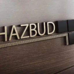 Logo firmy HAZBUD na drewnianym tle. Litery beżowe, przestrzenne, z cieniem. Obok nazwy czarne, geometryczne elementy dekoracyjne. Ujęcie z perspektywy.