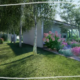 Wizualizacja ogrodu z rzędem brzóz, kwitnącymi hortensjami i rabatami z różnymi bylinami, na tle nowoczesnego domu z przeszklonymi drzwiami tarasowymi.