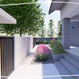 Wizualizacja projektu ogrodu z nowoczesnym domem, ukazująca ścieżkę z białych płyt, rabaty z różowymi kwiatami i iglakami, oraz minimalistyczne ogrodzenie z metalowymi panelami.