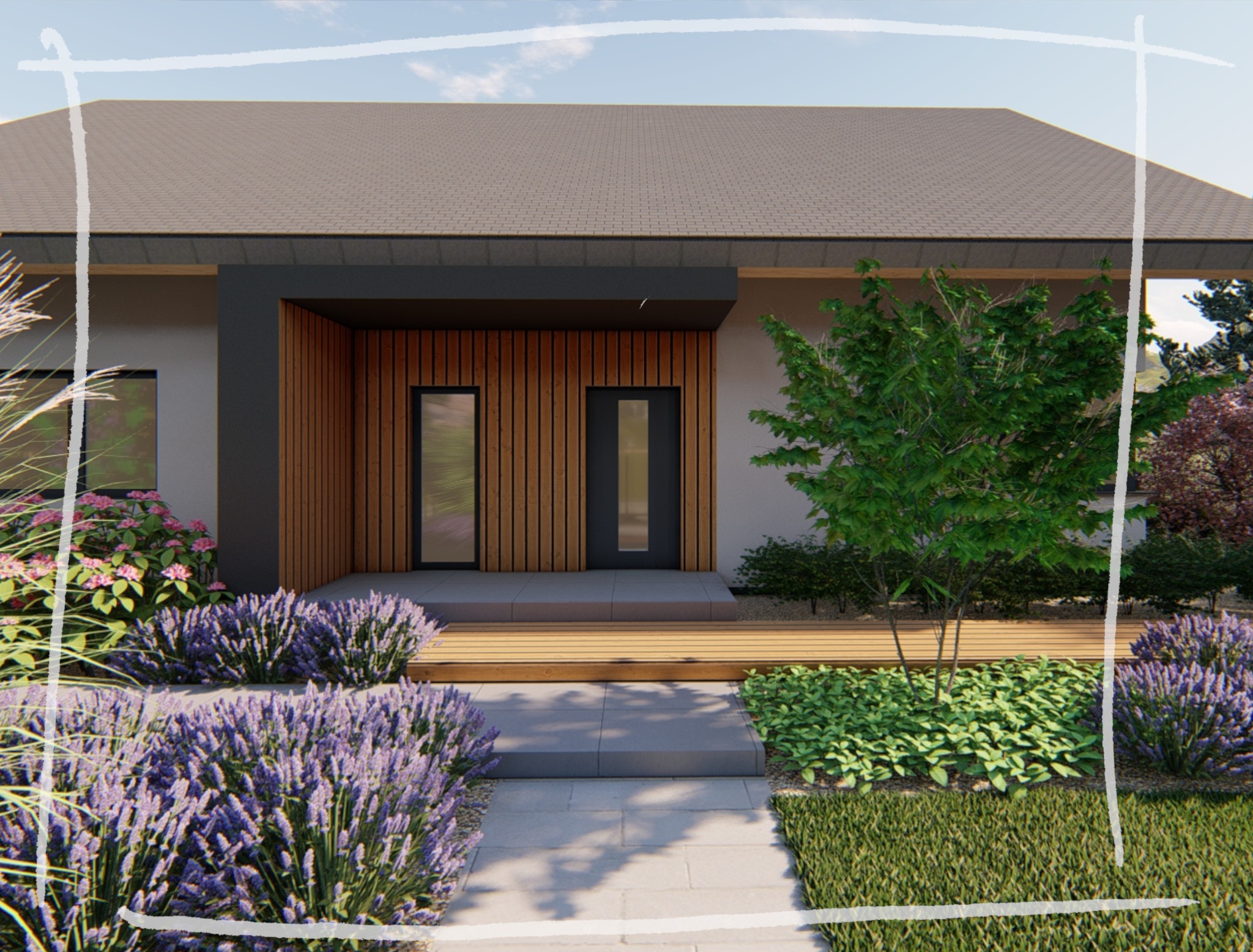 Wizualizacja domu jednorodzinnego z nowoczesnym ogrodem: lawenda, trawa ozdobna i drzewa liściaste przed wejściem z drewnianym podestem.