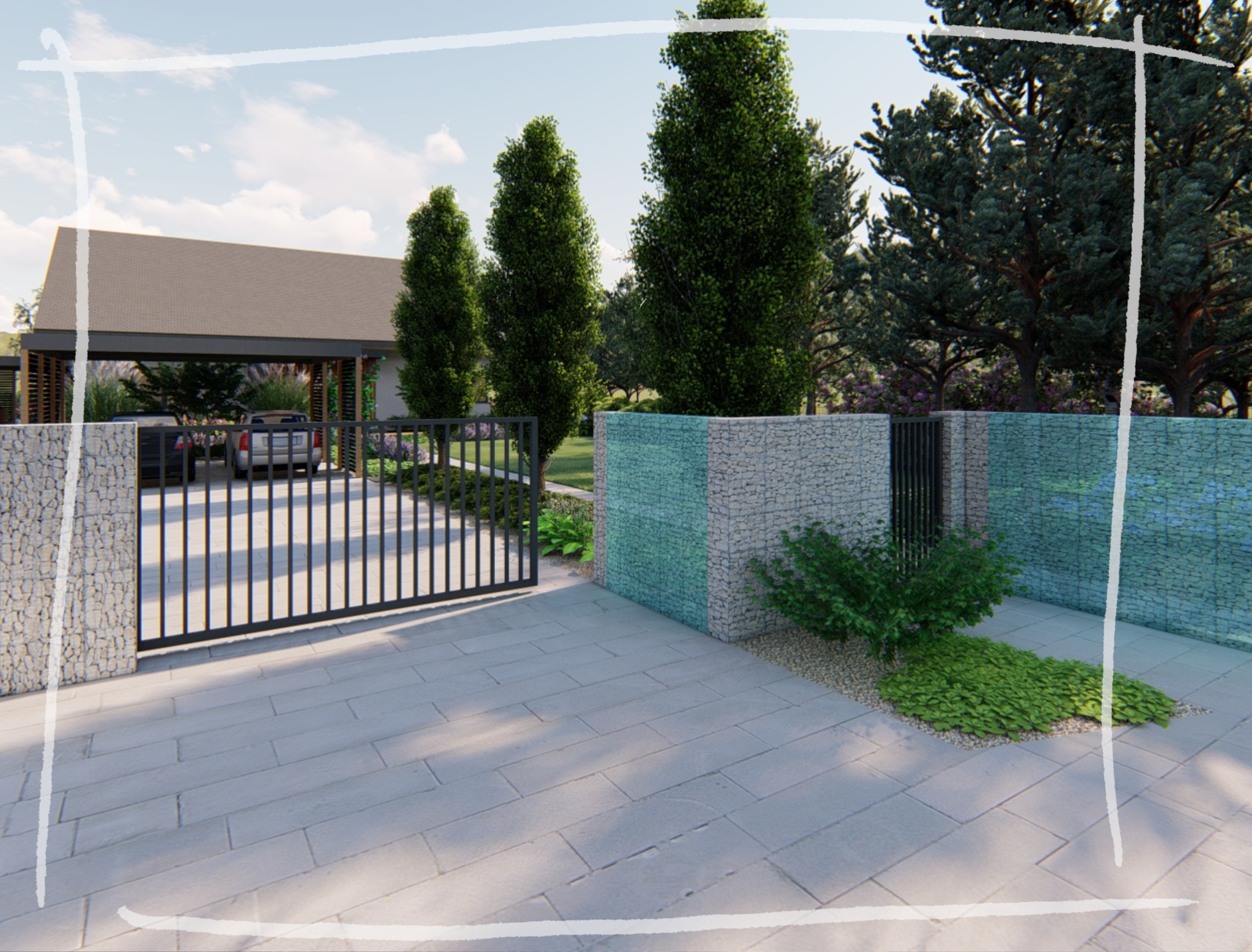Wizualizacja projektu posesji z nowoczesną bramą wjazdową, kamiennymi słupkami i gabionowym ogrodzeniem z elementami zieleni.