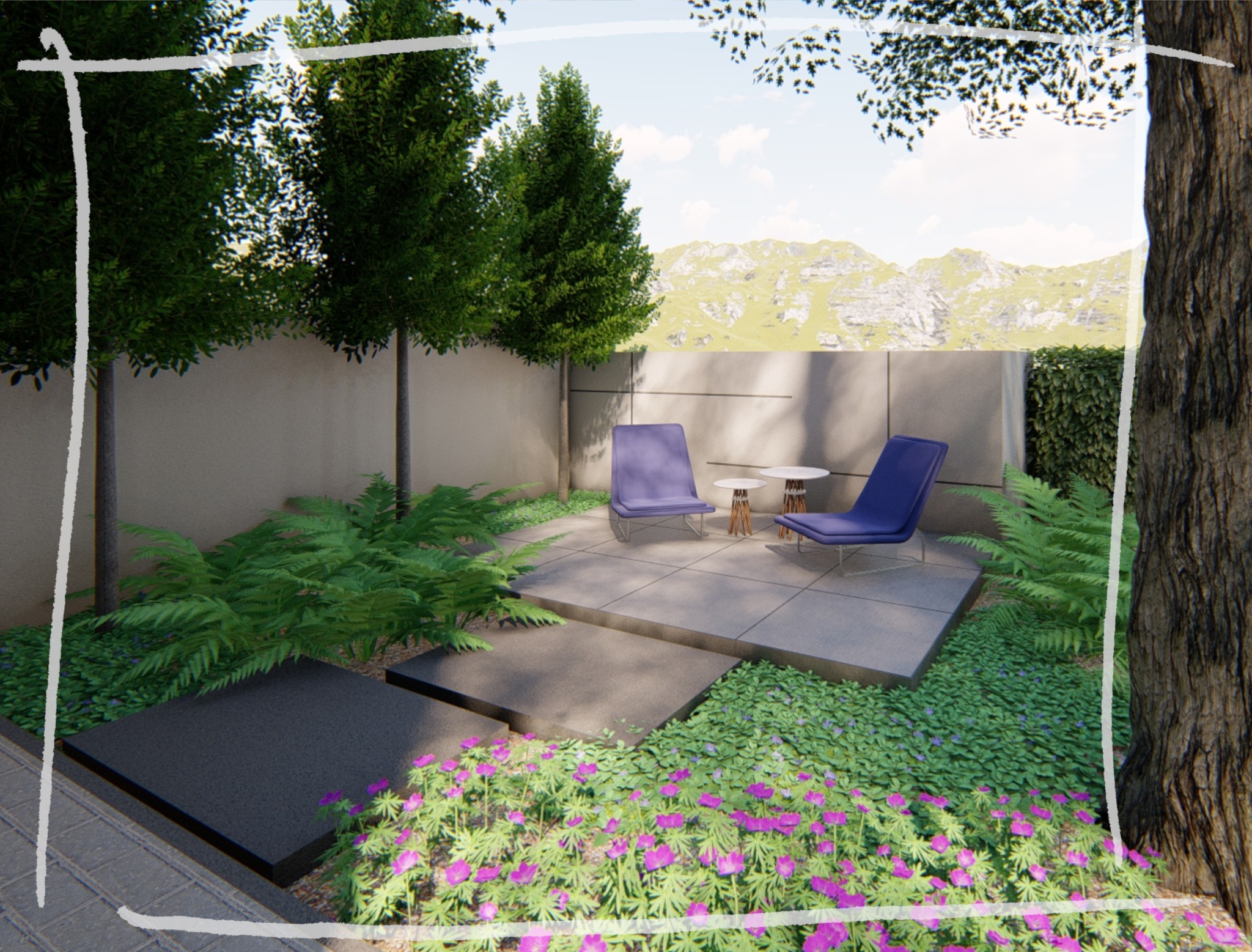 Nowoczesny taras z fioletowymi krzesłami, stolikiem kawowym i geometrycznymi płytami chodnikowymi otoczony zielenią i kwiatami, na tle gór.