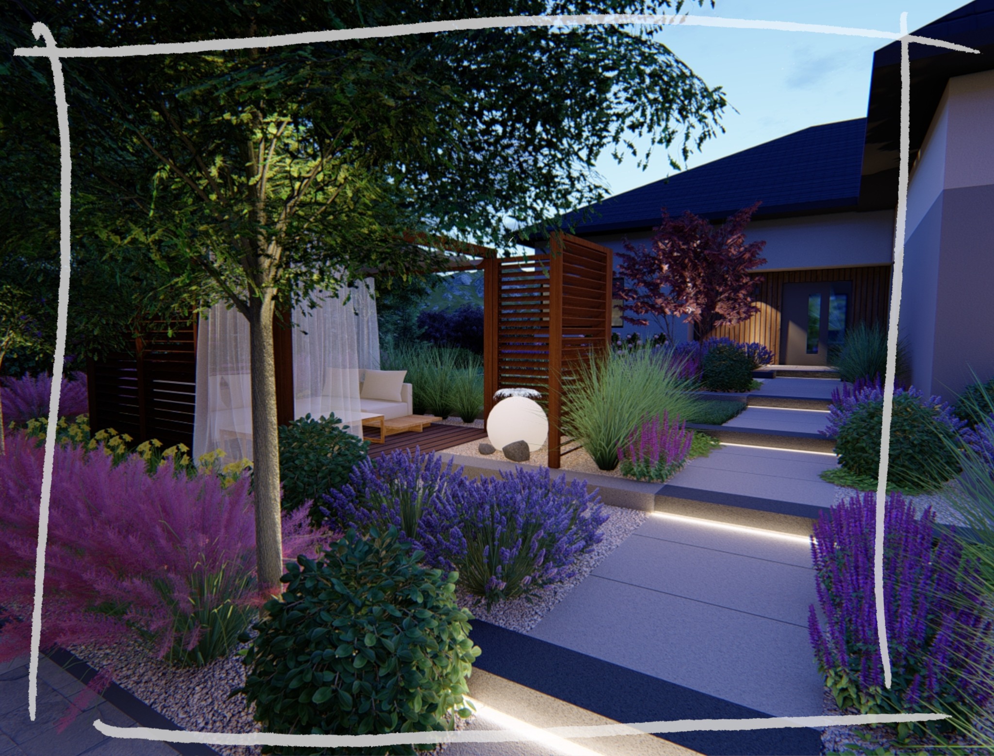 Wizualizacja ogrodu z podświetlanymi ścieżkami, pergolą z zasłonami i ozdobnymi trawami oraz kulistą lampą.