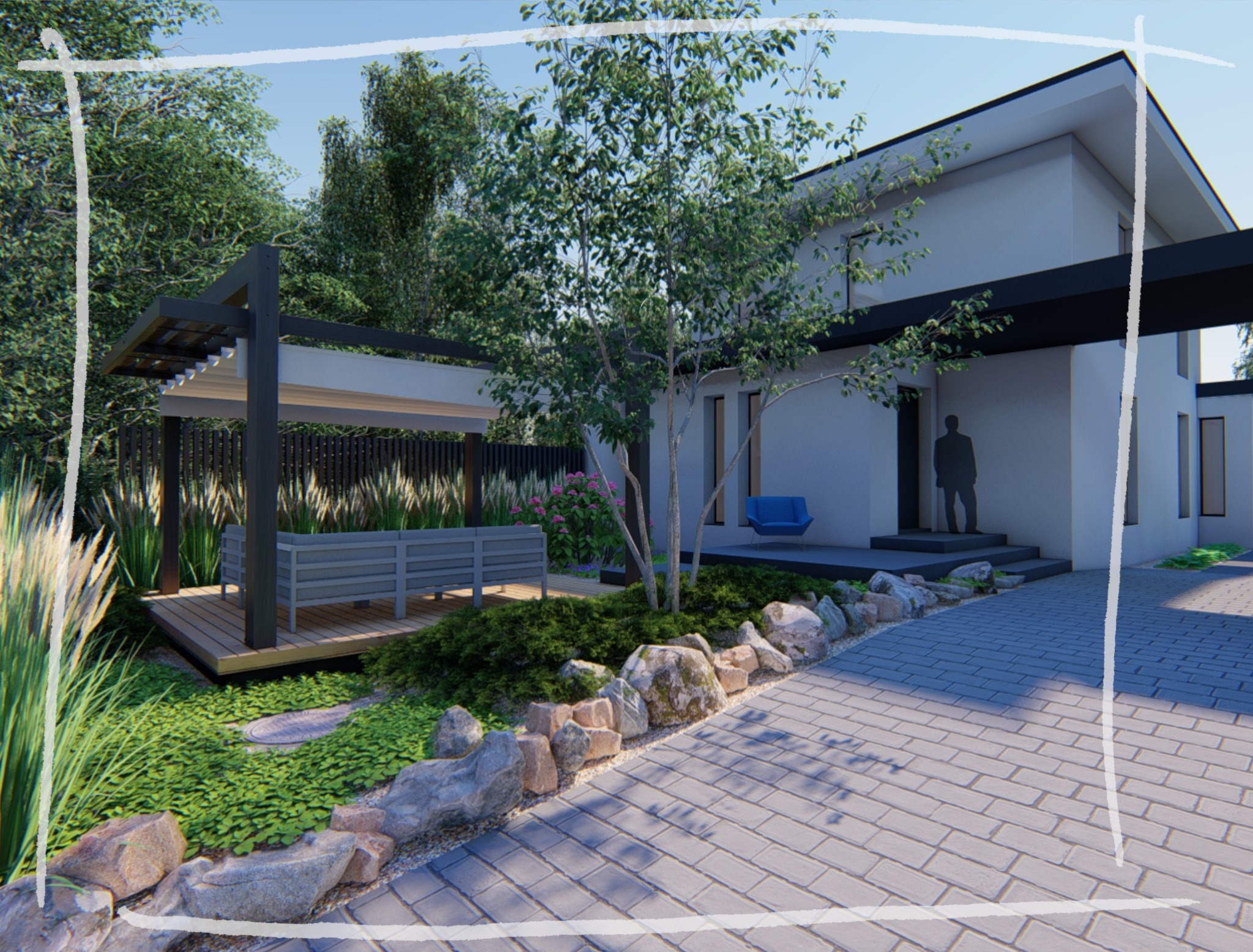 Nowoczesny ogród przydomowy z pergolą, drewnianym tarasem, roślinnością ozdobną i ścieżką z kostki brukowej, otoczony kamieniami. W tle minimalistyczny dom z niebieskim krzesłem na tarasie.