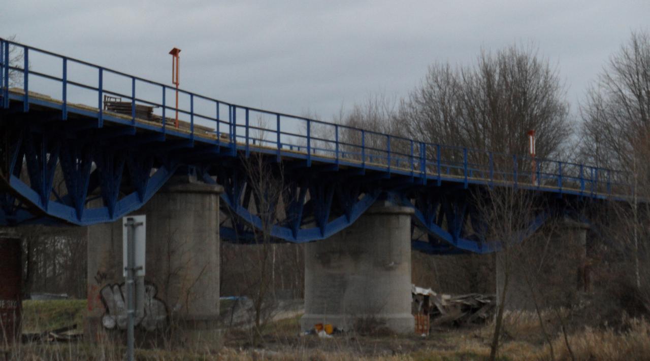 Niebieski, stalowy wiadukt kolejowy z betonowymi podporami, pomalowany na niebiesko, widoczny z poziomu gruntu w pochmurny dzień.