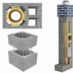 Przekrój komina systemowego z elementami betonowymi, izolacją termiczną i rurą ceramiczną, prezentacja warstwowej budowy.