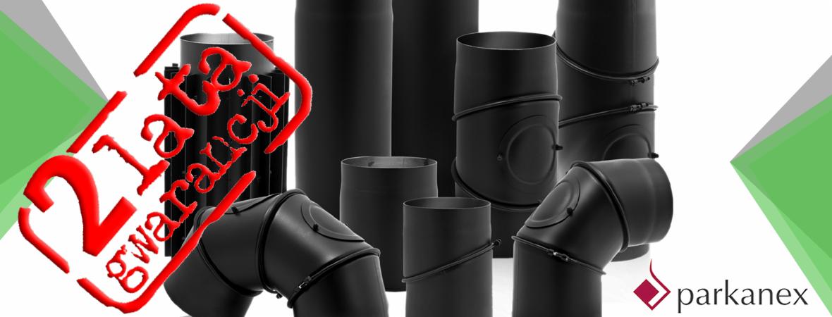 Czarne, stalowe elementy systemów kominowych, w tym kolanka i rury, na białym tle z logo firmy Parkanex i napisem '2 lata gwarancji' w czerwonej ramce.