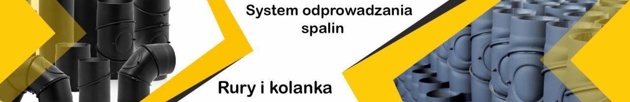Grafika przedstawia czarne i szare rury oraz kolanka do systemów odprowadzania spalin, z żółtymi elementami graficznymi i tekstem informacyjnym.