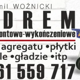 Grafika reklamowa firmy remontowo-wykończeniowej BUDREM Kamil Woźnicki, prezentująca usługi takie jak tynki z agregatu, płytki, panele i gładzie, wraz z numerem telefonu i zdjęciem agregatu...