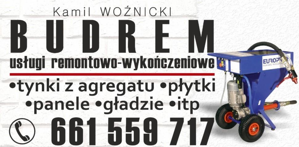 Grafika reklamowa firmy remontowo-wykończeniowej BUDREM Kamil Woźnicki, prezentująca usługi takie jak tynki z agregatu, płytki, panele i gładzie, wraz z numerem telefonu i zdjęciem agregatu...