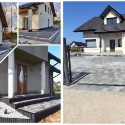 Nowoczesny dom jednorodzinny z szarą kostką brukową na podjeździe i tarasie, schody wejściowe wykończone kostką, widoczne obrzeża i drenaż liniowy.