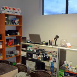 Wnętrze sklepu komputerowego z półkami pełnymi sprzętu, laptop na ladzie, drukarka na biurku i akcesoria na sprzedaż.