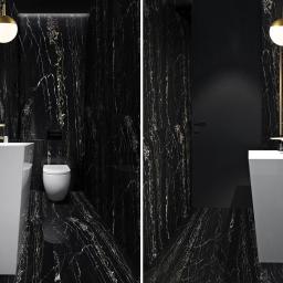 Sylwia Bartkiewicz Pracownia Architektury Wnętrz - Elegancka łazienka wykończona czarnym marmurem z złotymi żyłami, z białą umywalką i toaletą, oświetlona kulistymi lampami z elementami w kolorze złota.