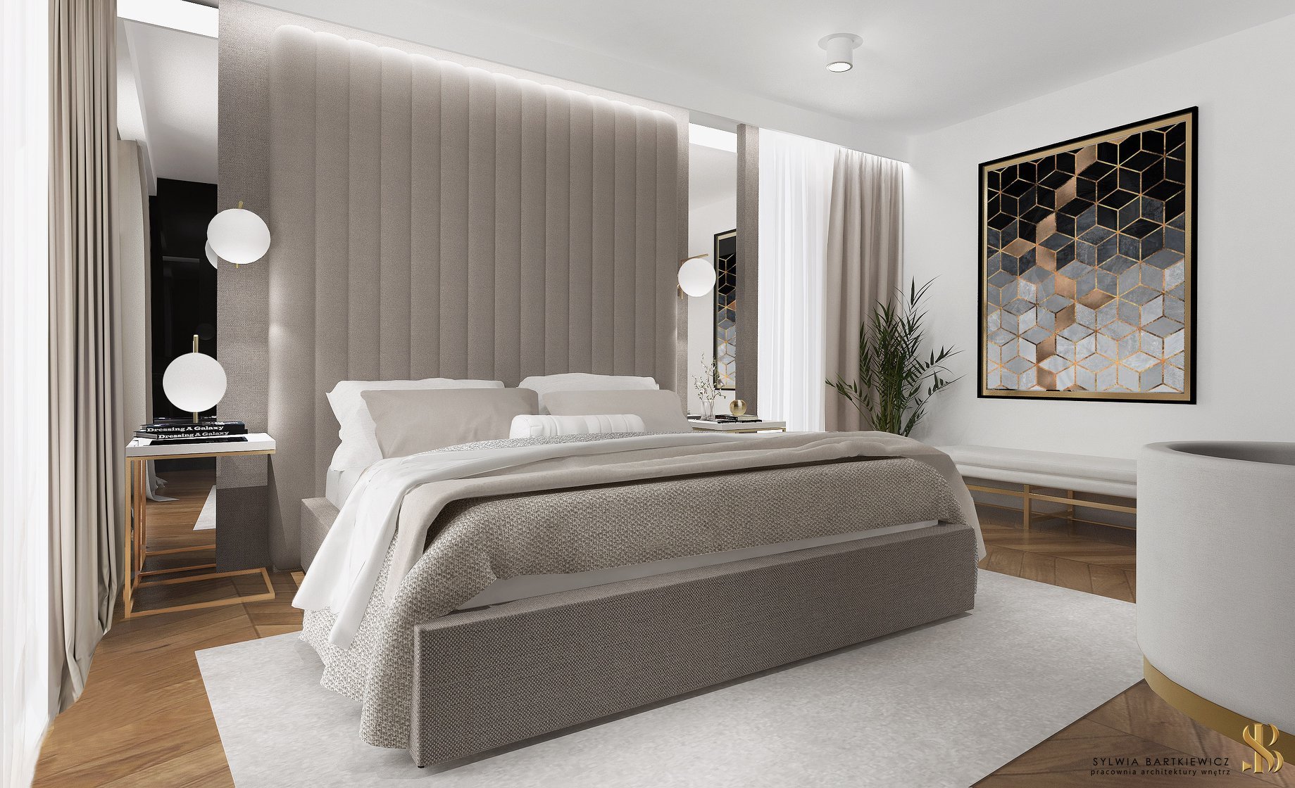 Elegancka sypialnia z łóżkiem kontynentalnym w odcieniach beżu i szarości, pikowany zagłówek z podświetleniem LED, stoliki nocne z lampkami kulami, grafika geometryczna na ścianie.