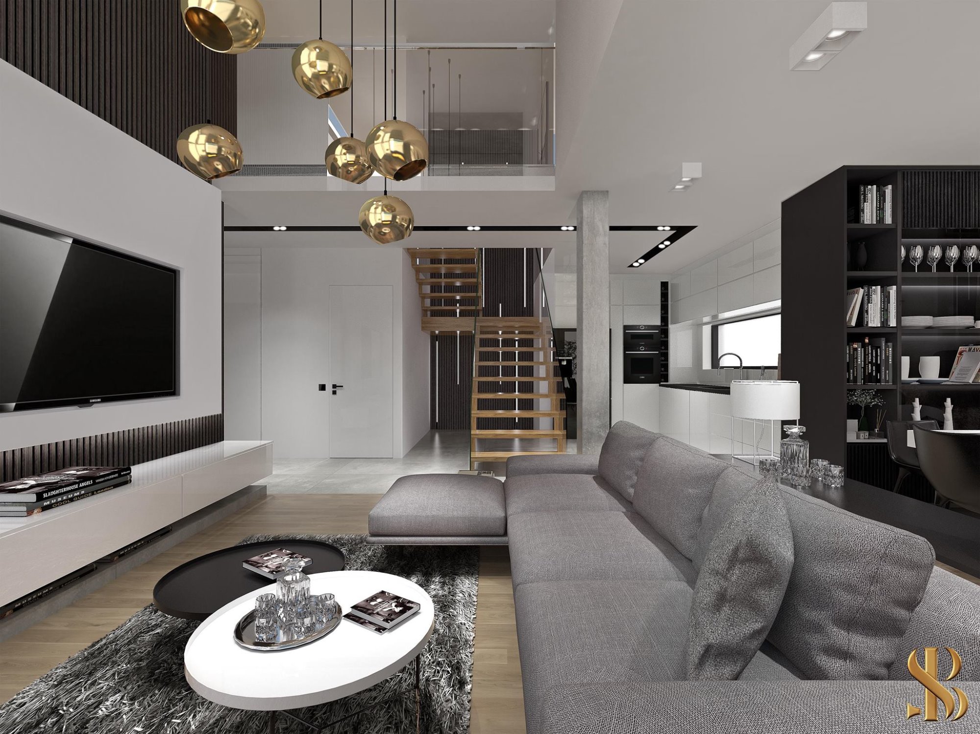 Nowoczesny salon z szarą sofą, złotymi lampami wiszącymi i drewnianymi schodami w tle, w minimalistycznej aranżacji.